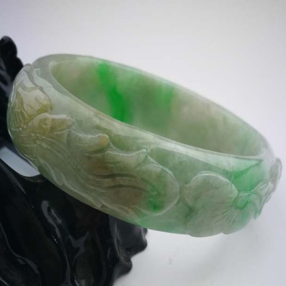 NATURE BEAUTIFUL CARVING GRADE A GREEN JADE JADEITE BRACELET BANGLE 59MM #A1117 - Picture 3 of 7